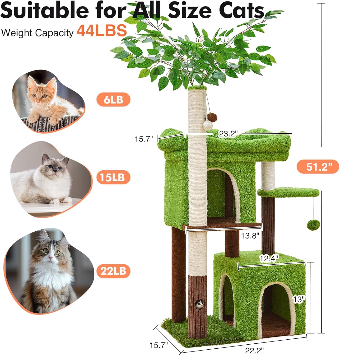 60 inch Cat Tree with Leaves for Climbing, Hiding and Sleeping Cat Tower with Hammock, Scratching Post and Large Cat House