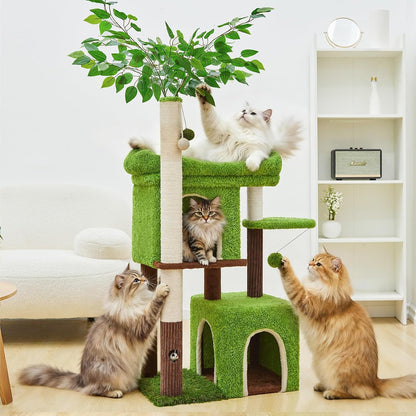60 inch Cat Tree with Leaves for Climbing, Hiding and Sleeping Cat Tower with Hammock, Scratching Post and Large Cat House