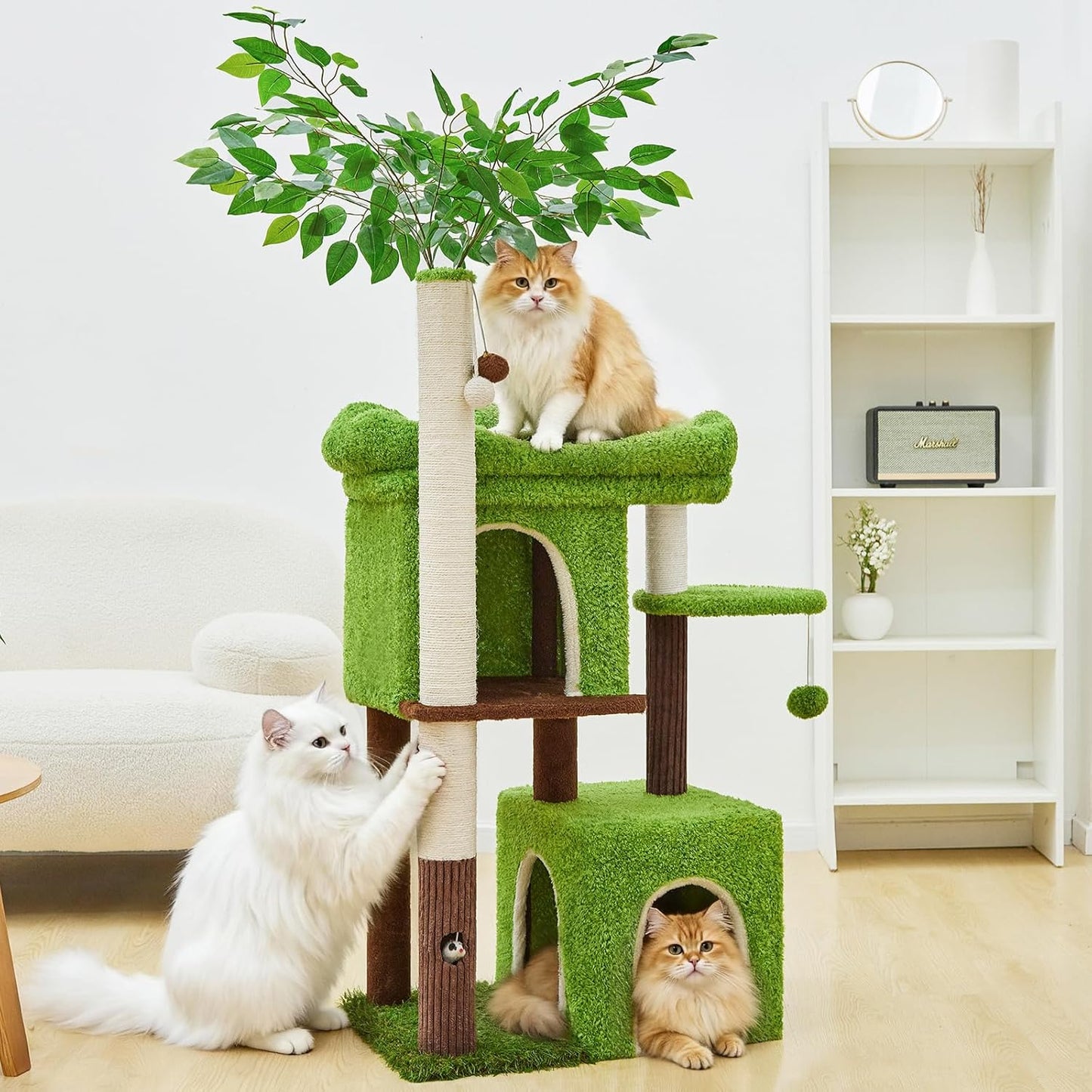 60 inch Cat Tree with Leaves for Climbing, Hiding and Sleeping Cat Tower with Hammock, Scratching Post and Large Cat House
