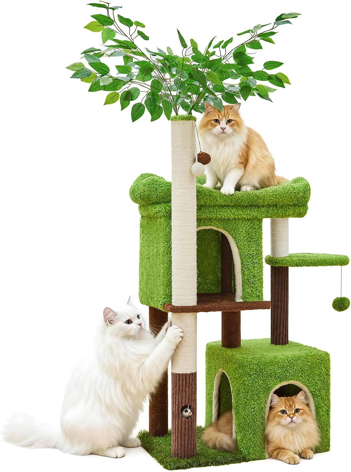 60 inch Cat Tree with Leaves for Climbing, Hiding and Sleeping Cat Tower with Hammock, Scratching Post and Large Cat House