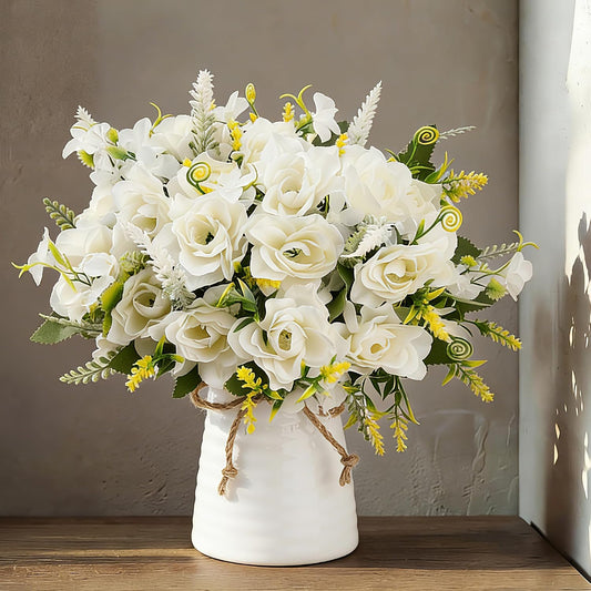 Artificial Flowers with Vase for Table Centerpieces,Fake Silk Gardenia Flower in Vase Decoration for Home Office Party (White)