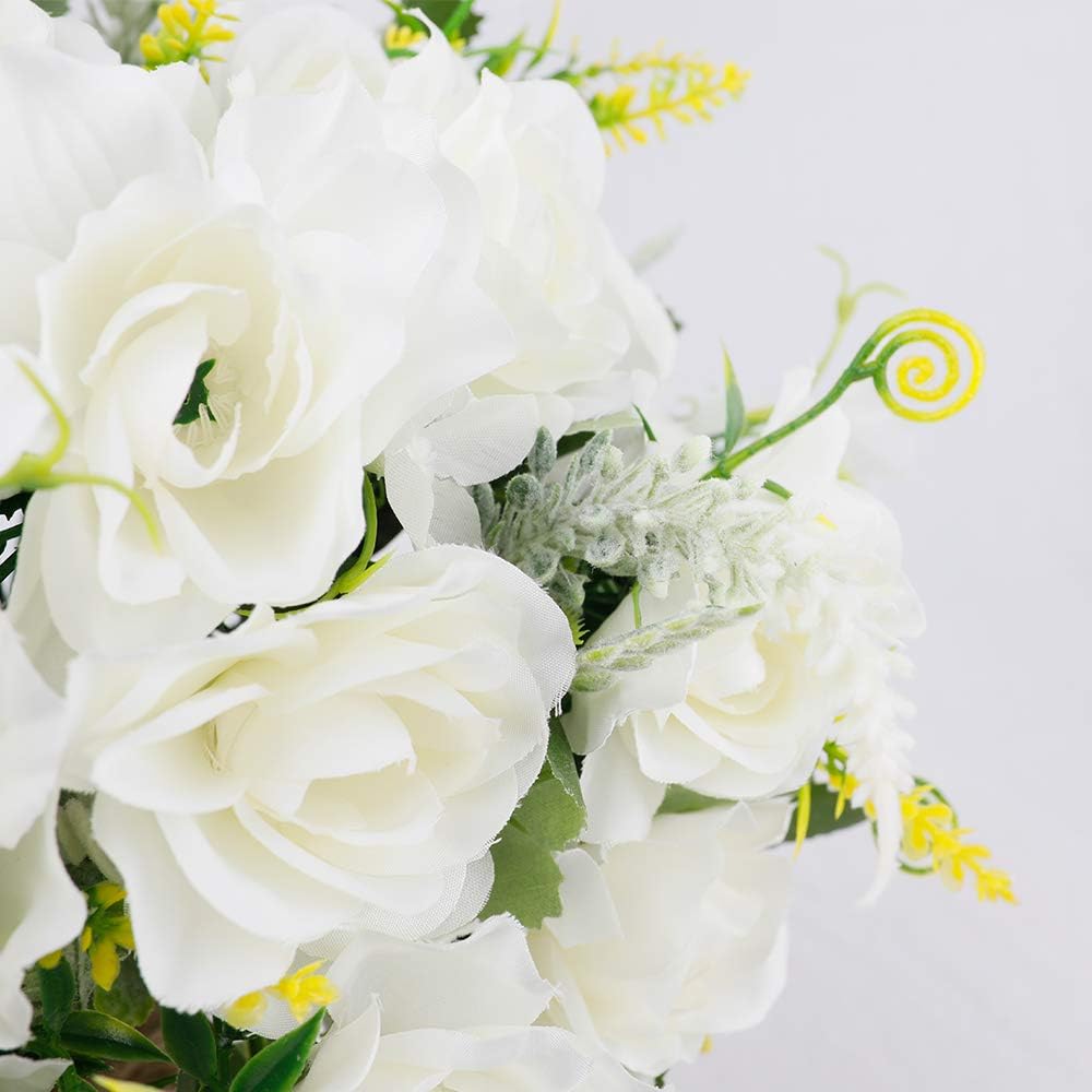 Artificial Flowers with Vase for Table Centerpieces,Fake Silk Gardenia Flower in Vase Decoration for Home Office Party (White)