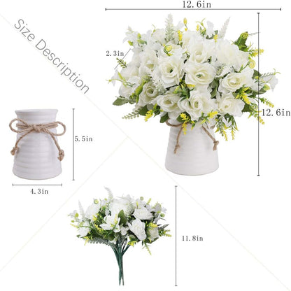 Artificial Flowers with Vase for Table Centerpieces,Fake Silk Gardenia Flower in Vase Decoration for Home Office Party (White)