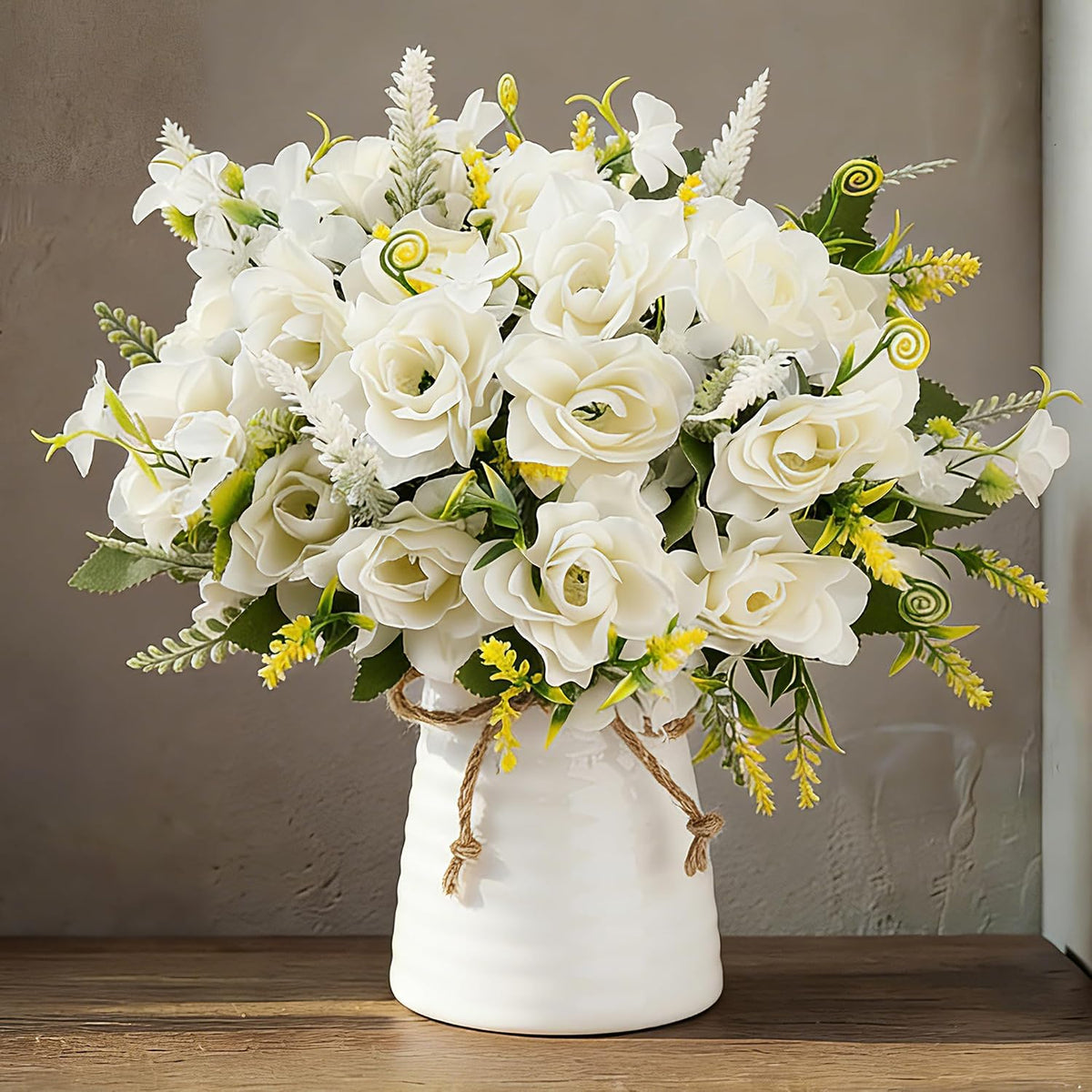 Artificial Flowers with Vase for Table Centerpieces,Fake Silk Gardenia Flower in Vase Decoration for Home Office Party (White)