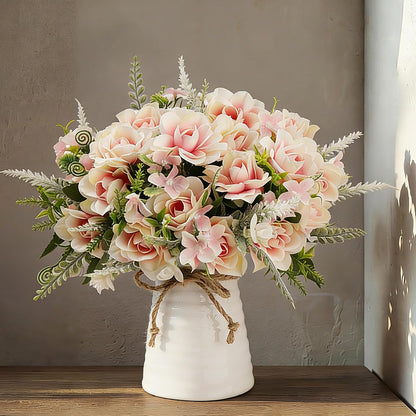 Artificial Flowers with Vase for Table Centerpieces,Fake Silk Gardenia Flower in Vase Decoration for Home Office Party (White)