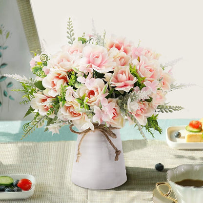 Artificial Flowers with Vase for Table Centerpieces,Fake Silk Gardenia Flower in Vase Decoration for Home Office Party (White)
