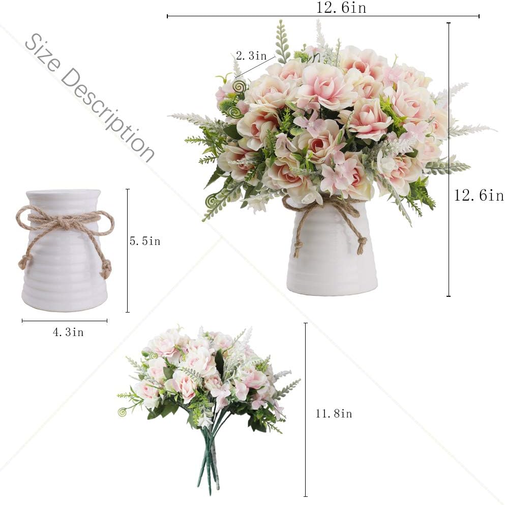 Artificial Flowers with Vase for Table Centerpieces,Fake Silk Gardenia Flower in Vase Decoration for Home Office Party (White)