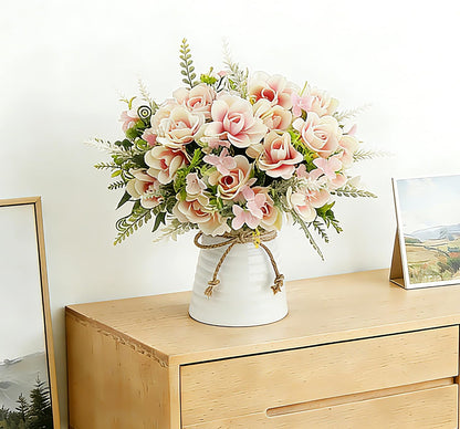 Artificial Flowers with Vase for Table Centerpieces,Fake Silk Gardenia Flower in Vase Decoration for Home Office Party (White)