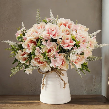 Artificial Flowers with Vase for Table Centerpieces,Fake Silk Gardenia Flower in Vase Decoration for Home Office Party (White)