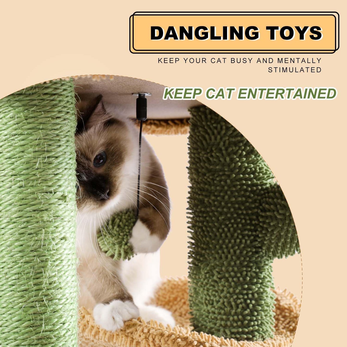 Cactus Cat Tree 40" Cat Tower with Large Metal Carpet Hammock, Cat Scratching Post for Indoor Cats with Condo & Replaceable Toy Ball, Green