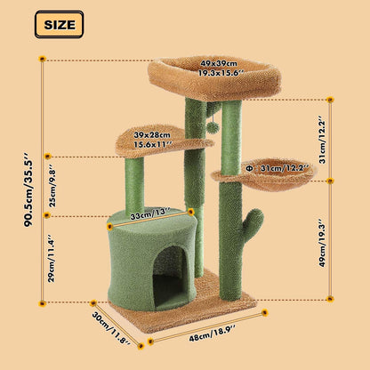 Cactus Cat Tree 40" Cat Tower with Large Metal Carpet Hammock, Cat Scratching Post for Indoor Cats with Condo & Replaceable Toy Ball, Green