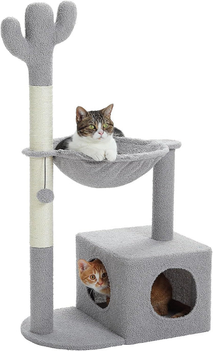 Cactus Cat Tree 40" Cat Tower with Large Metal Carpet Hammock, Cat Scratching Post for Indoor Cats with Condo & Replaceable Toy Ball, Green