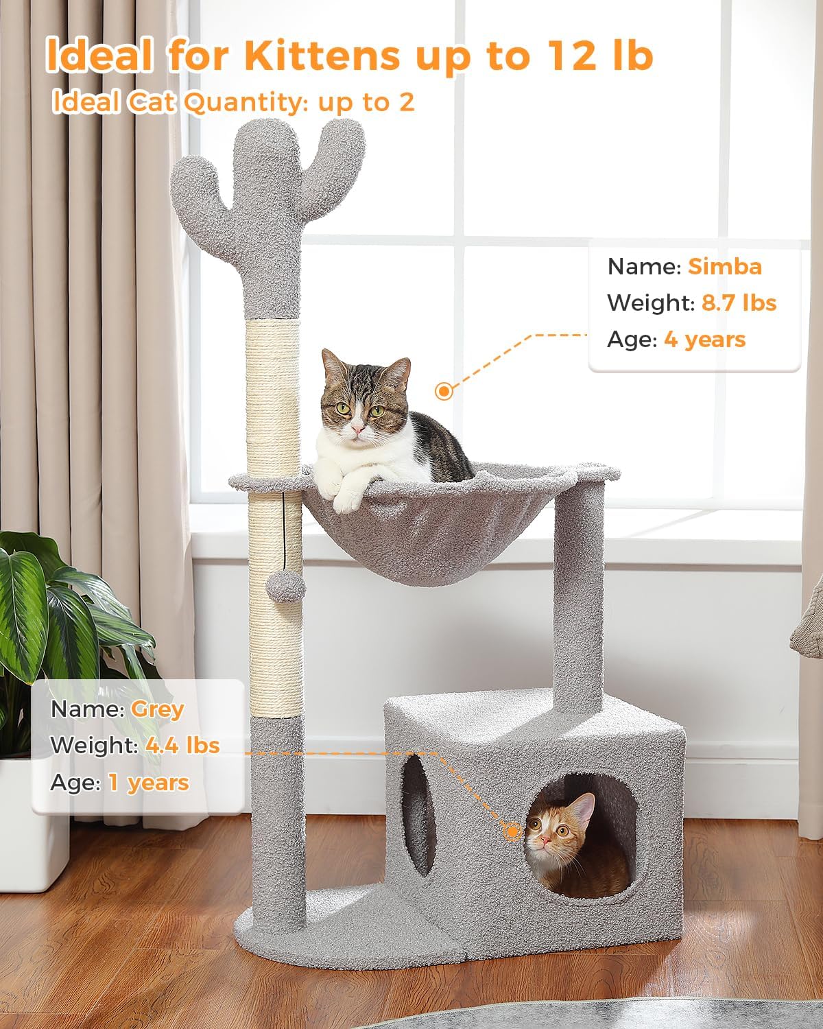 Cactus Cat Tree 40" Cat Tower with Large Metal Carpet Hammock, Cat Scratching Post for Indoor Cats with Condo & Replaceable Toy Ball, Green
