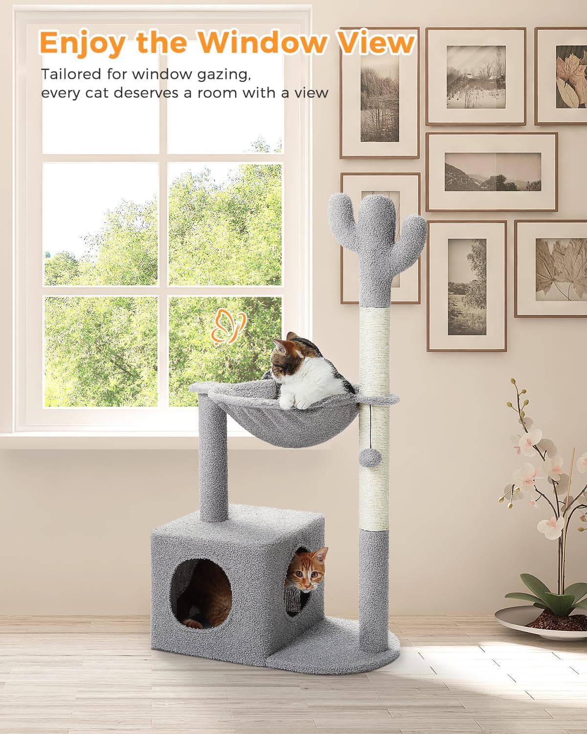 Cactus Cat Tree 40" Cat Tower with Large Metal Carpet Hammock, Cat Scratching Post for Indoor Cats with Condo & Replaceable Toy Ball, Green