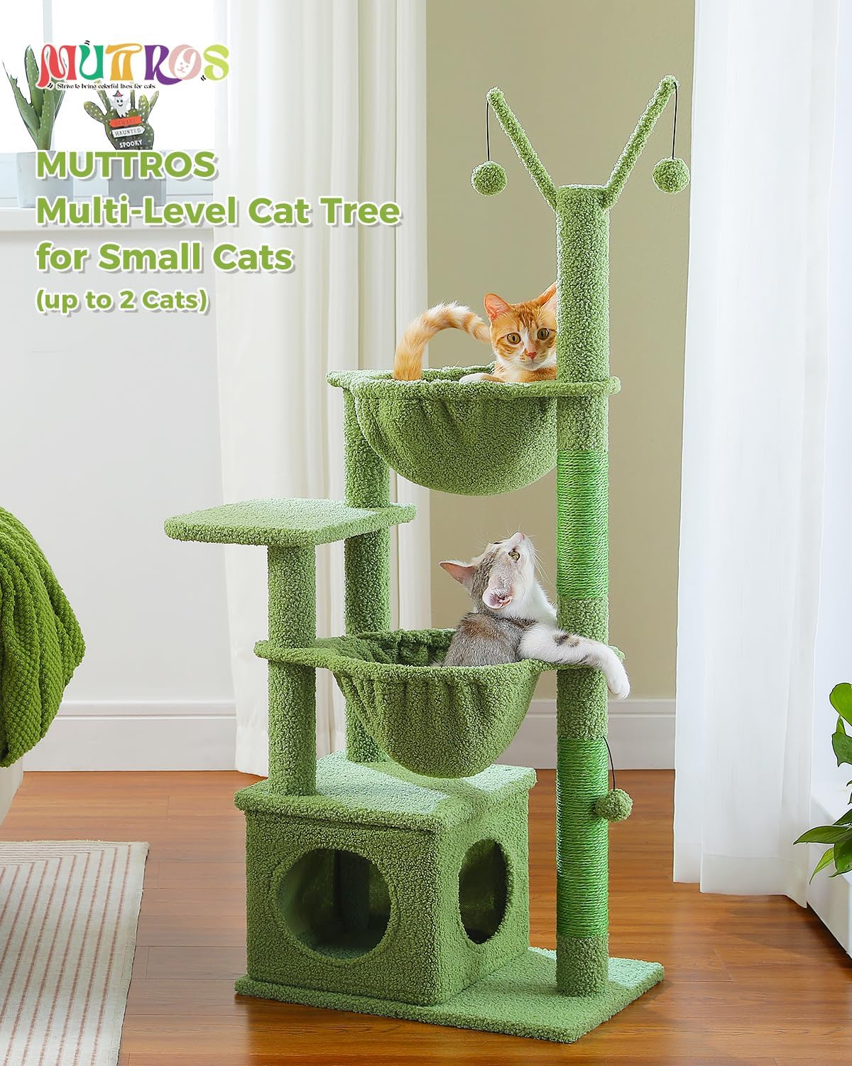 Cactus Cat Tree 40" Cat Tower with Large Metal Carpet Hammock, Cat Scratching Post for Indoor Cats with Condo & Replaceable Toy Ball, Green