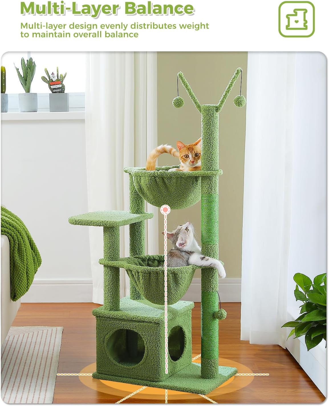 Cactus Cat Tree 40" Cat Tower with Large Metal Carpet Hammock, Cat Scratching Post for Indoor Cats with Condo & Replaceable Toy Ball, Green