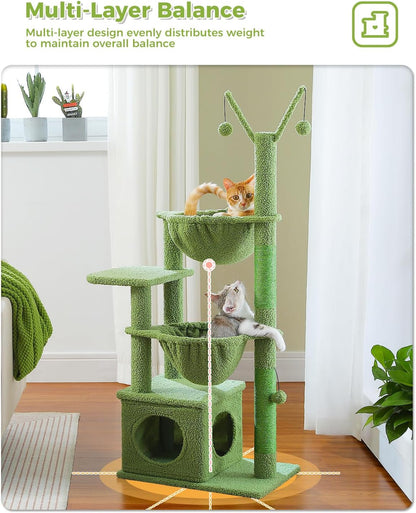 Cactus Cat Tree 40" Cat Tower with Large Metal Carpet Hammock, Cat Scratching Post for Indoor Cats with Condo & Replaceable Toy Ball, Green