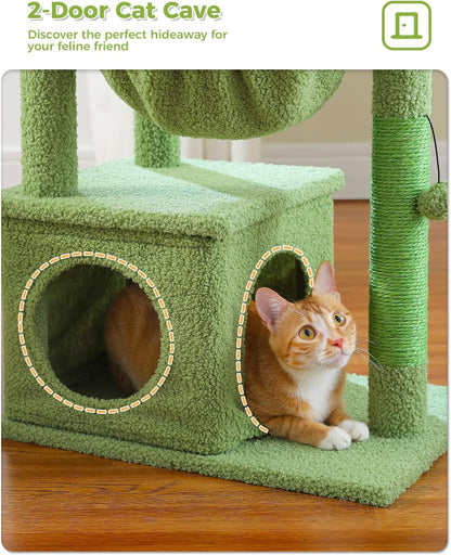 Cactus Cat Tree 40" Cat Tower with Large Metal Carpet Hammock, Cat Scratching Post for Indoor Cats with Condo & Replaceable Toy Ball, Green
