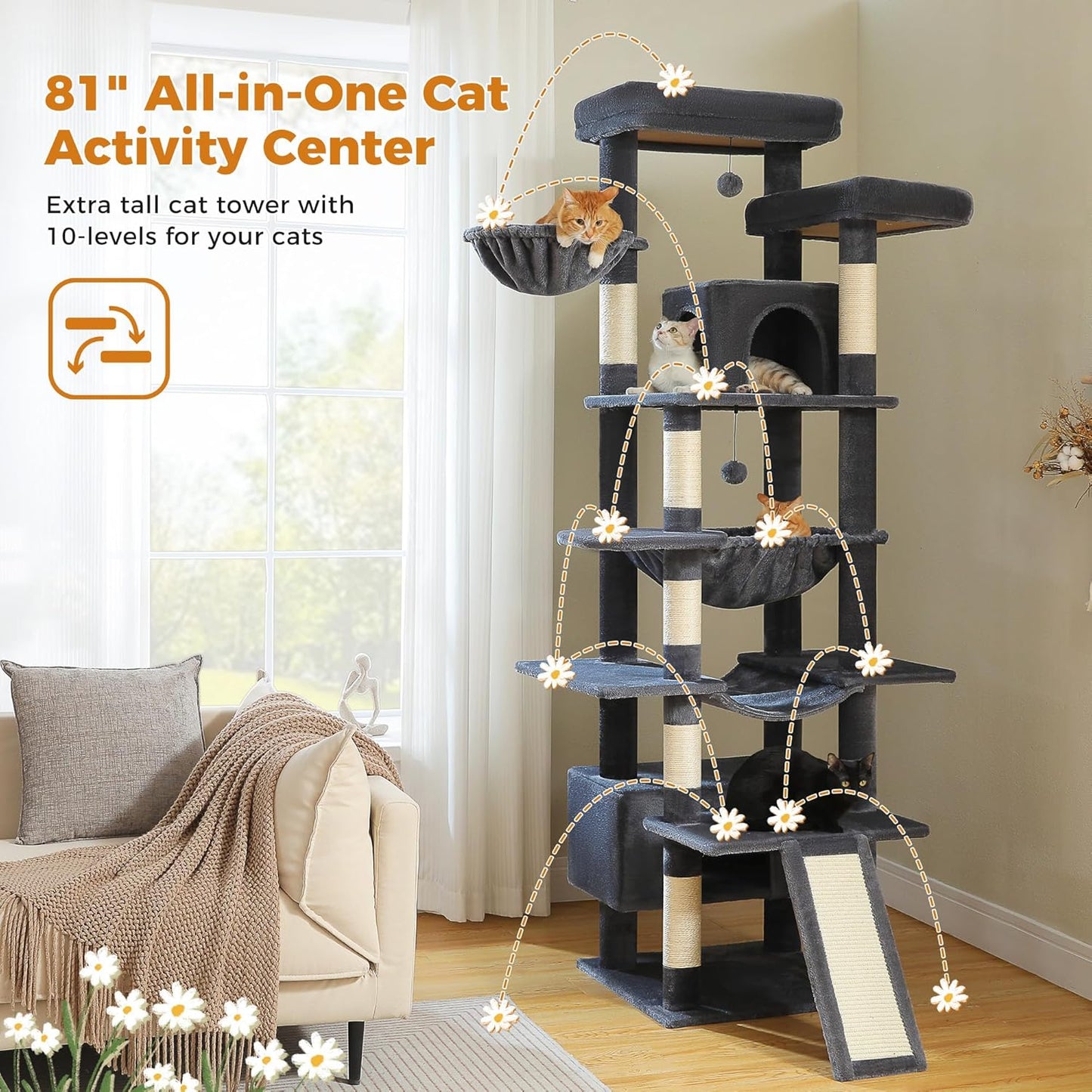 Cactus Cat Tree 40" Cat Tower with Large Metal Carpet Hammock, Cat Scratching Post for Indoor Cats with Condo & Replaceable Toy Ball, Green