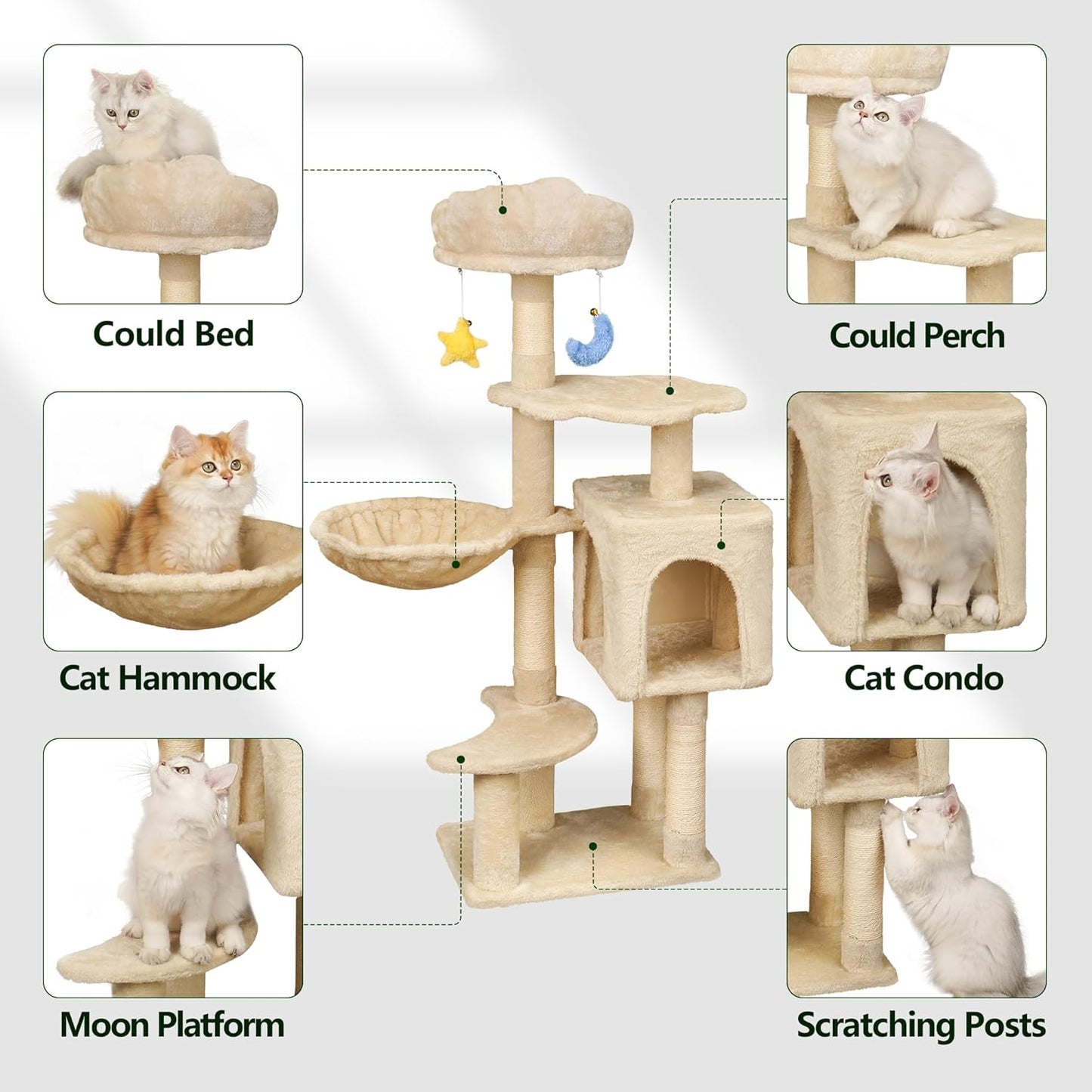 Green Tall Cat Tree 47-Inch for Kittens Under 6 Months 9lbs, Cat Tower for Small Cats - Scratching Post, Plush Hammock, Double Condos & Dangling Toys