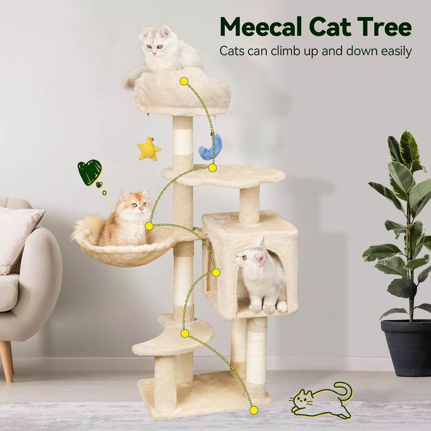 Green Tall Cat Tree 47-Inch for Kittens Under 6 Months 9lbs, Cat Tower for Small Cats - Scratching Post, Plush Hammock, Double Condos & Dangling Toys