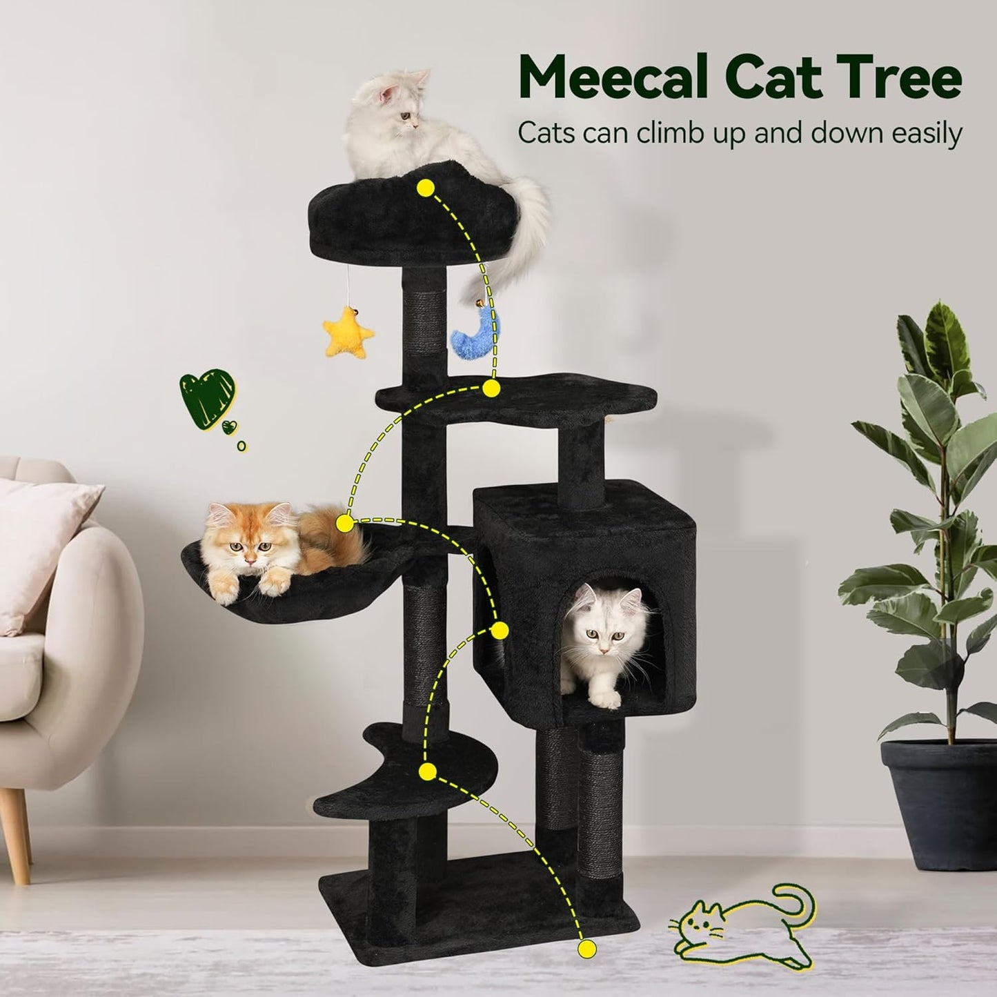 Green Tall Cat Tree 47-Inch for Kittens Under 6 Months 9lbs, Cat Tower for Small Cats - Scratching Post, Plush Hammock, Double Condos & Dangling Toys