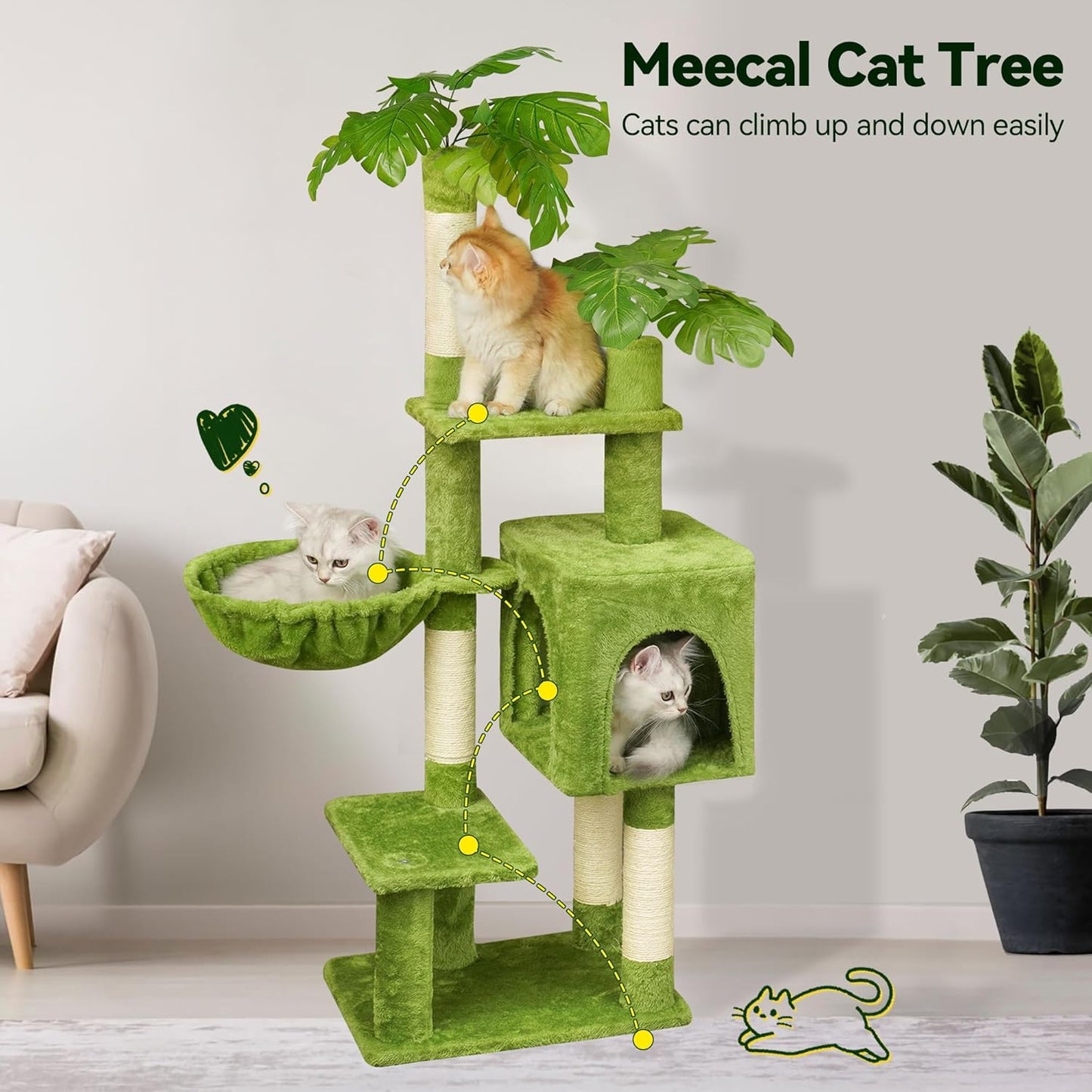 Green Tall Cat Tree 47-Inch for Kittens Under 6 Months 9lbs, Cat Tower for Small Cats - Scratching Post, Plush Hammock, Double Condos & Dangling Toys