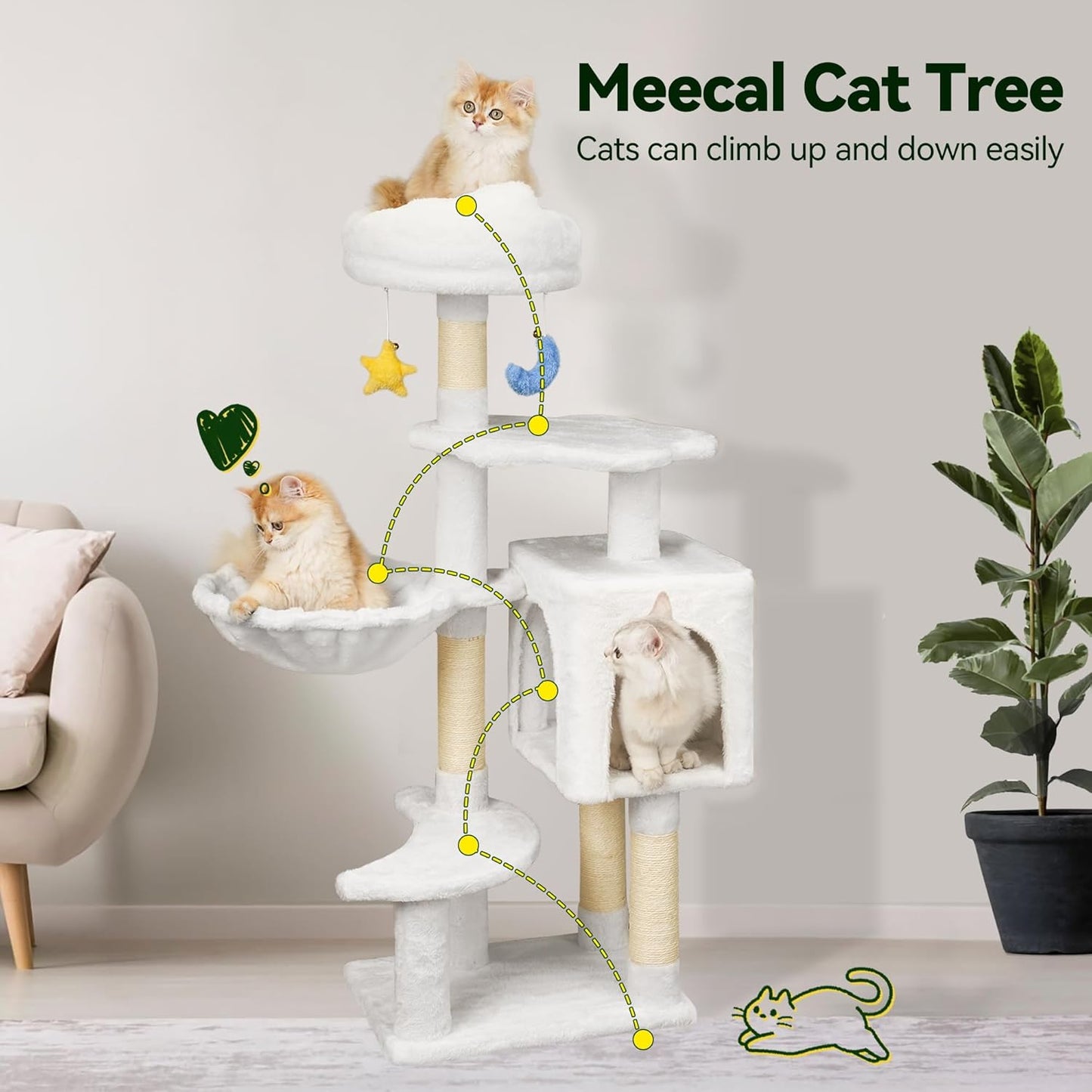 Green Tall Cat Tree 47-Inch for Kittens Under 6 Months 9lbs, Cat Tower for Small Cats - Scratching Post, Plush Hammock, Double Condos & Dangling Toys