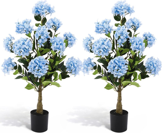 2 Pack 3ft Purple Artificial Hydrangea Tree Faux Hydrangea Tree UV Resistant Faux Silk Plant with Cement Base Pot Realistic Topiary Plant for Indoor Outdoor Garden Office Home Porch Patio Decor