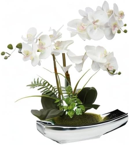15" White Faux Orchid Arrangement in Silver Boat Pot Table Decor