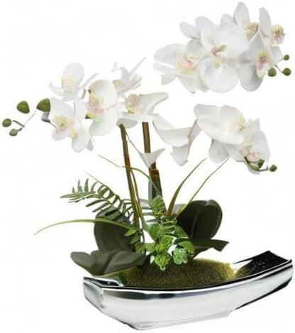 15" White Faux Orchid Arrangement in Silver Boat Pot Table Decor
