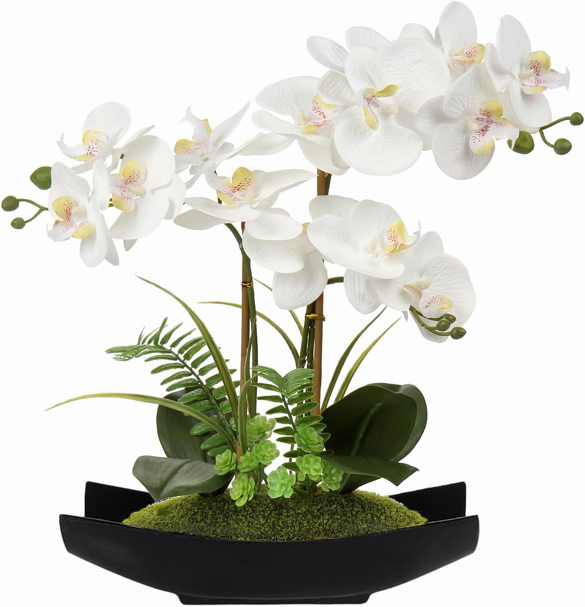 15" White Faux Orchid Arrangement in Silver Boat Pot Table Decor