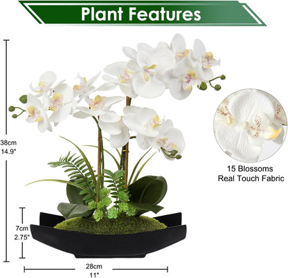 15" White Faux Orchid Arrangement in Silver Boat Pot Table Decor