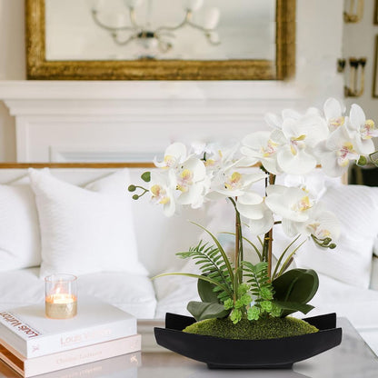 15" White Faux Orchid Arrangement in Silver Boat Pot Table Decor