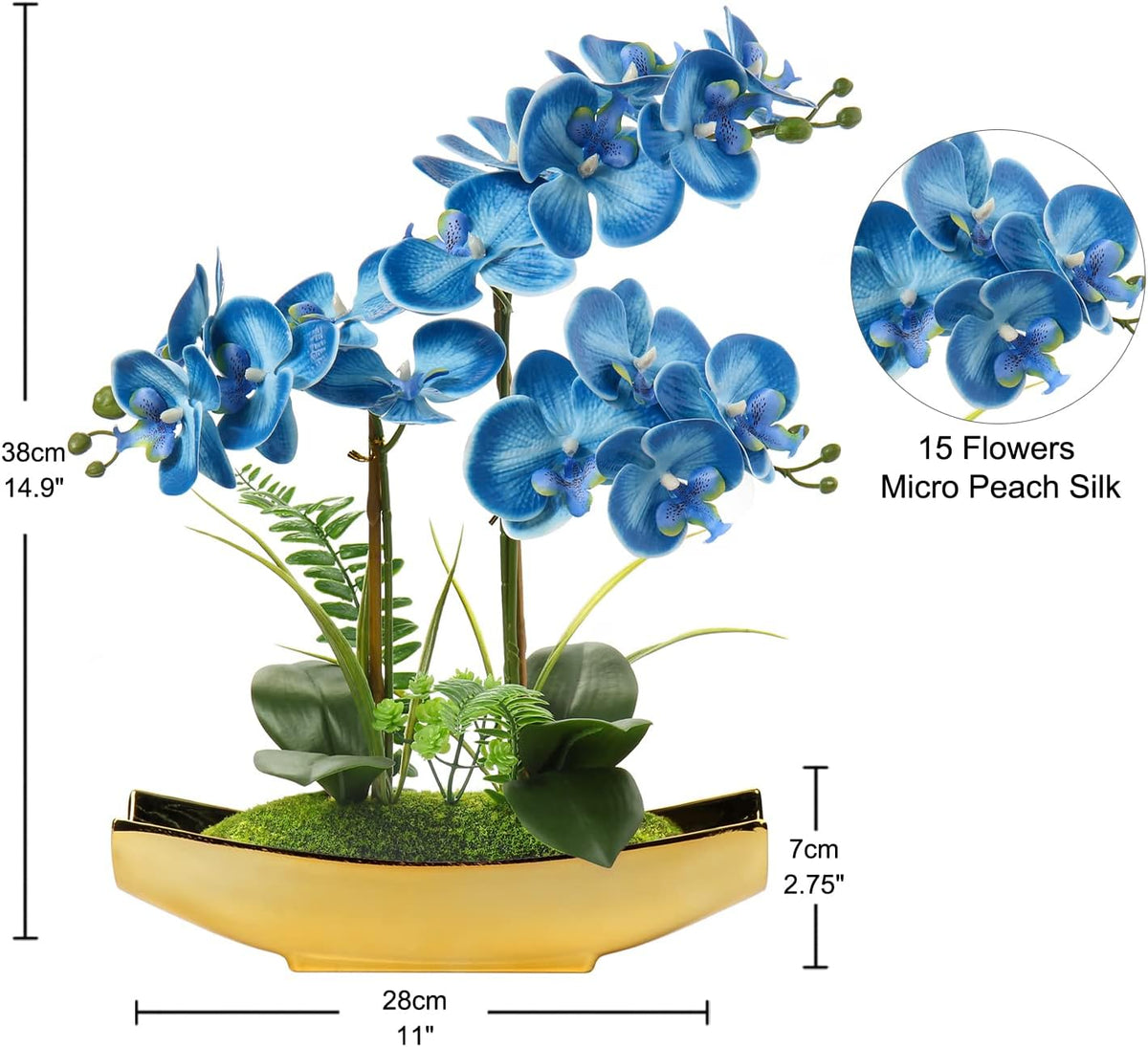 15" White Faux Orchid Arrangement in Silver Boat Pot Table Decor