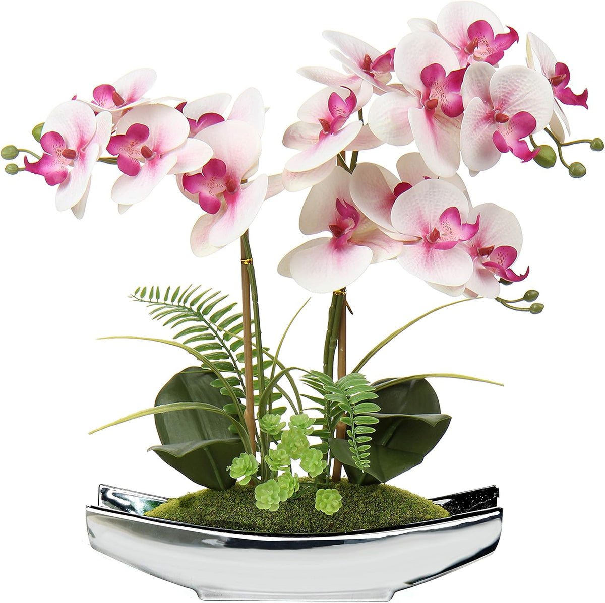 15" White Faux Orchid Arrangement in Silver Boat Pot Table Decor