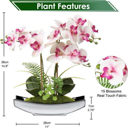 15" White Faux Orchid Arrangement in Silver Boat Pot Table Decor