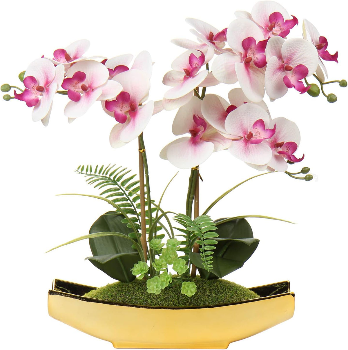 15" White Faux Orchid Arrangement in Silver Boat Pot Table Decor