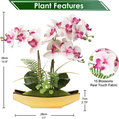 15" White Faux Orchid Arrangement in Silver Boat Pot Table Decor