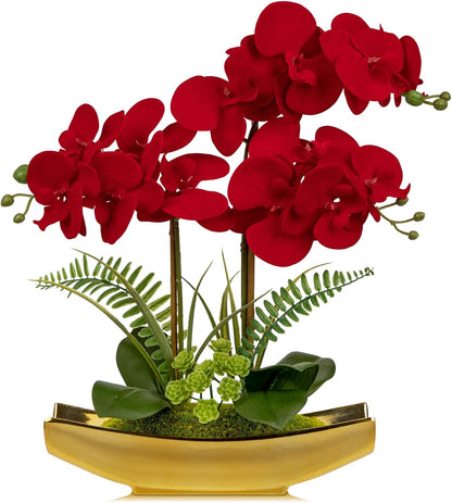 15" White Faux Orchid Arrangement in Silver Boat Pot Table Decor
