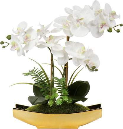 15" White Faux Orchid Arrangement in Silver Boat Pot Table Decor