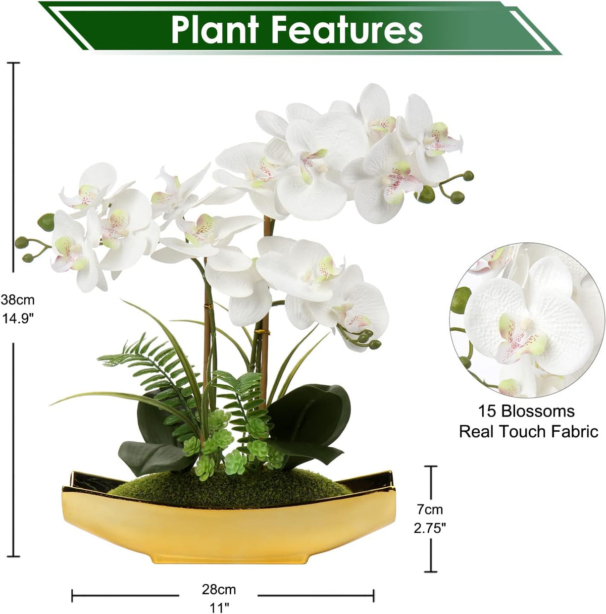 15" White Faux Orchid Arrangement in Silver Boat Pot Table Decor