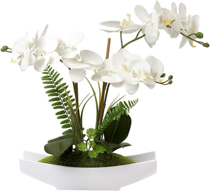15" White Faux Orchid Arrangement in Silver Boat Pot Table Decor