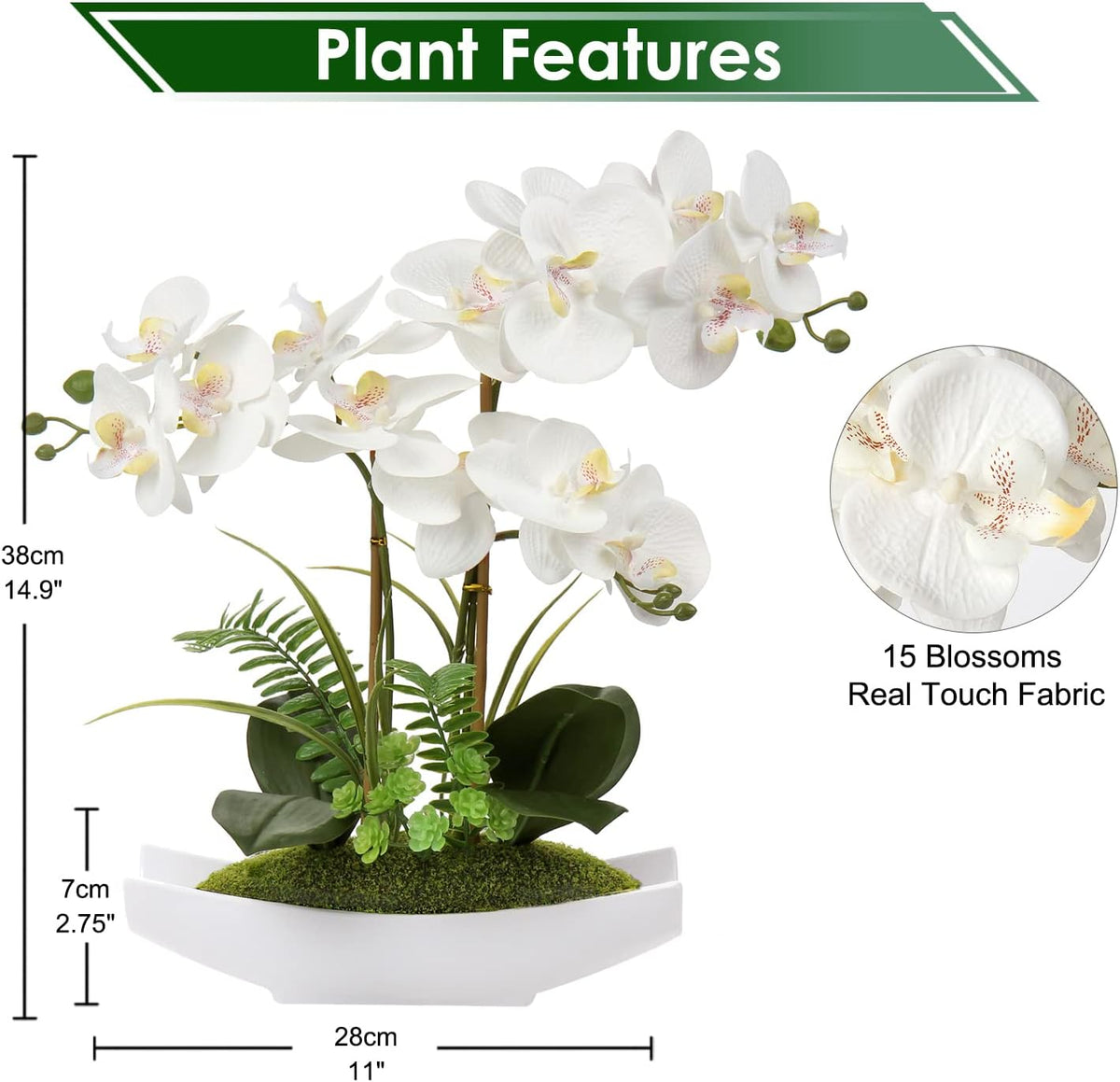 15" White Faux Orchid Arrangement in Silver Boat Pot Table Decor