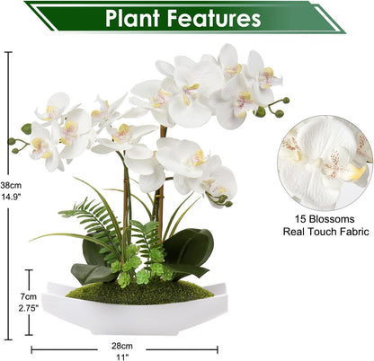 15" White Faux Orchid Arrangement in Silver Boat Pot Table Decor