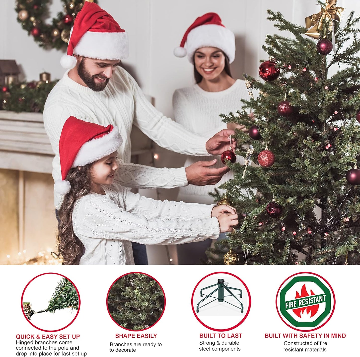 7.5ft Pre-Lit Aspen Fir Artificial Christmas Tree with 700 Clear Lights, 1319 Realistic Dense Branch Tips, Easy Setup Artificial Trees with Sturdy Metal Stand