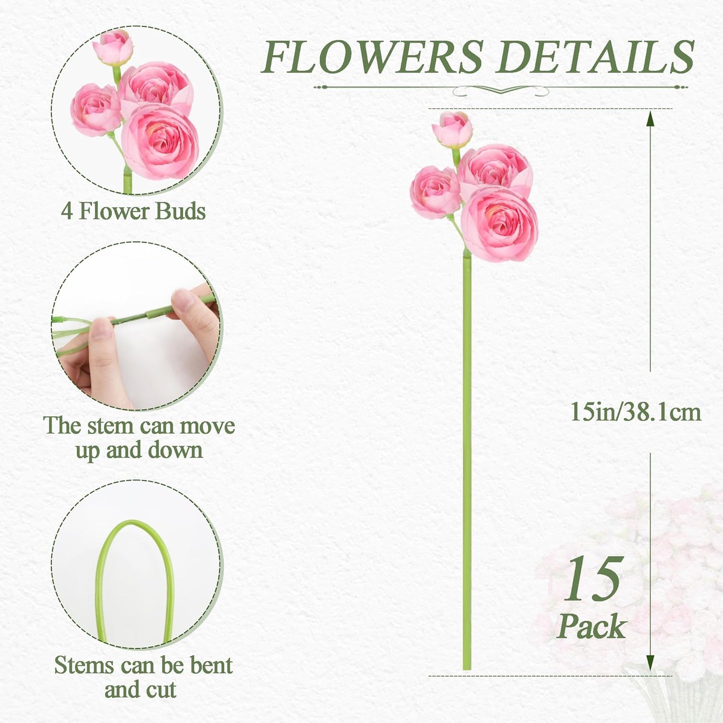 Ranunculus Artificial Flower Pink Faux Silk Mini Peony Flowers Fake Peonies Wedding Flowers DIY Bouquet for Centerpieces Arrangements Bridal Shower Decorations 15 Pcs