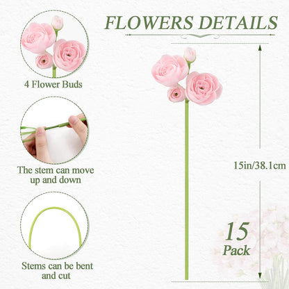 Ranunculus Artificial Flower Pink Faux Silk Mini Peony Flowers Fake Peonies Wedding Flowers DIY Bouquet for Centerpieces Arrangements Bridal Shower Decorations 15 Pcs