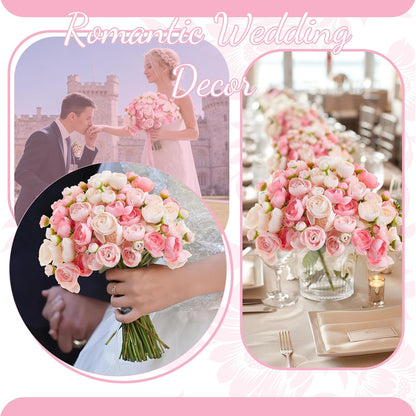 Ranunculus Artificial Flower Pink Faux Silk Mini Peony Flowers Fake Peonies Wedding Flowers DIY Bouquet for Centerpieces Arrangements Bridal Shower Decorations 15 Pcs