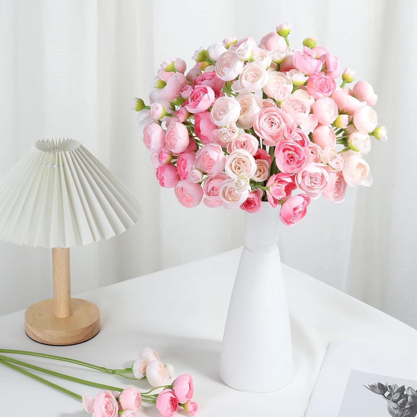 Ranunculus Artificial Flower Pink Faux Silk Mini Peony Flowers Fake Peonies Wedding Flowers DIY Bouquet for Centerpieces Arrangements Bridal Shower Decorations 15 Pcs
